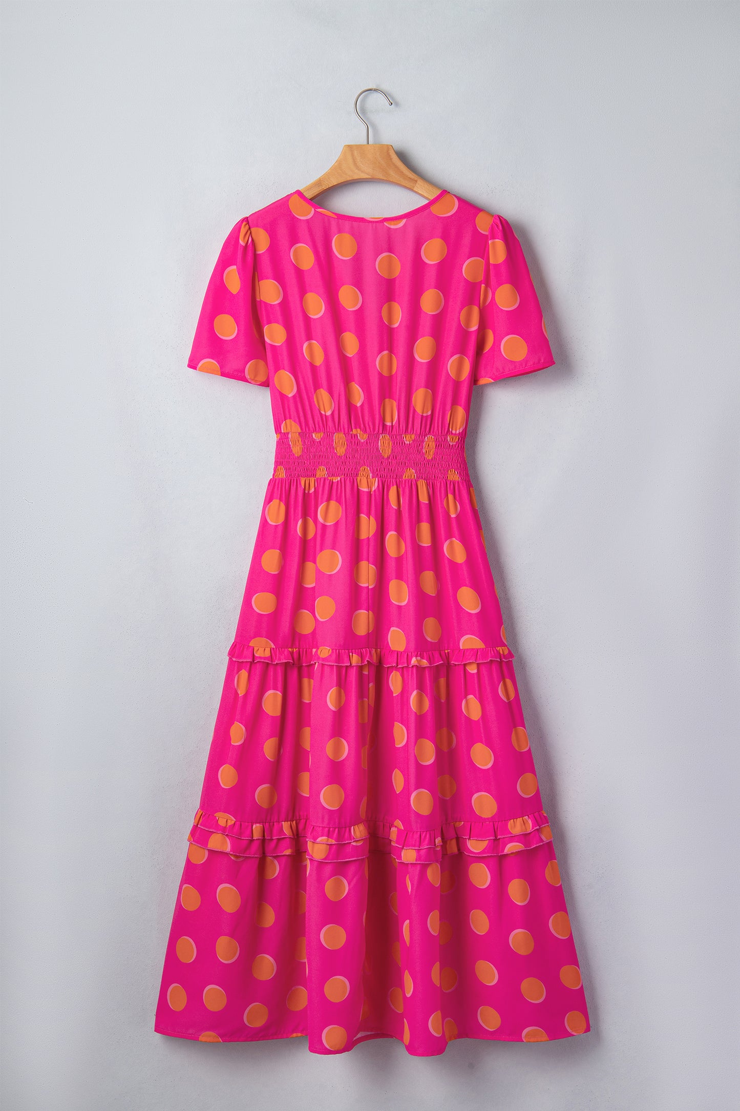 Polka Dot Short Sleeve Shirred Waist Midi Dress