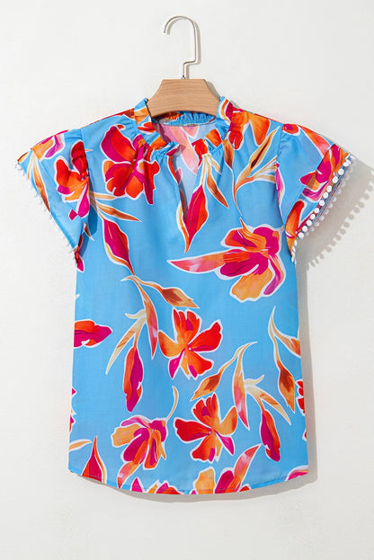 Floral Pompom Trim Flutter Sleeve V-Neck Blouse