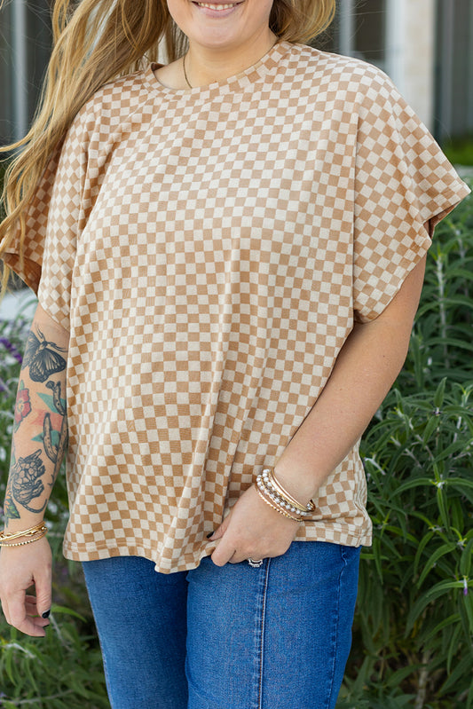 Plus Size Checker Round Neck T-Shirt