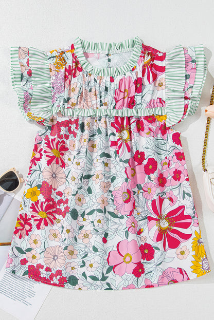 Floral Stripe Patchwork Ruffle Short Sleeve Blouse