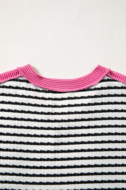 Stripe V-Neck Corded Knit Long Sleeve Top