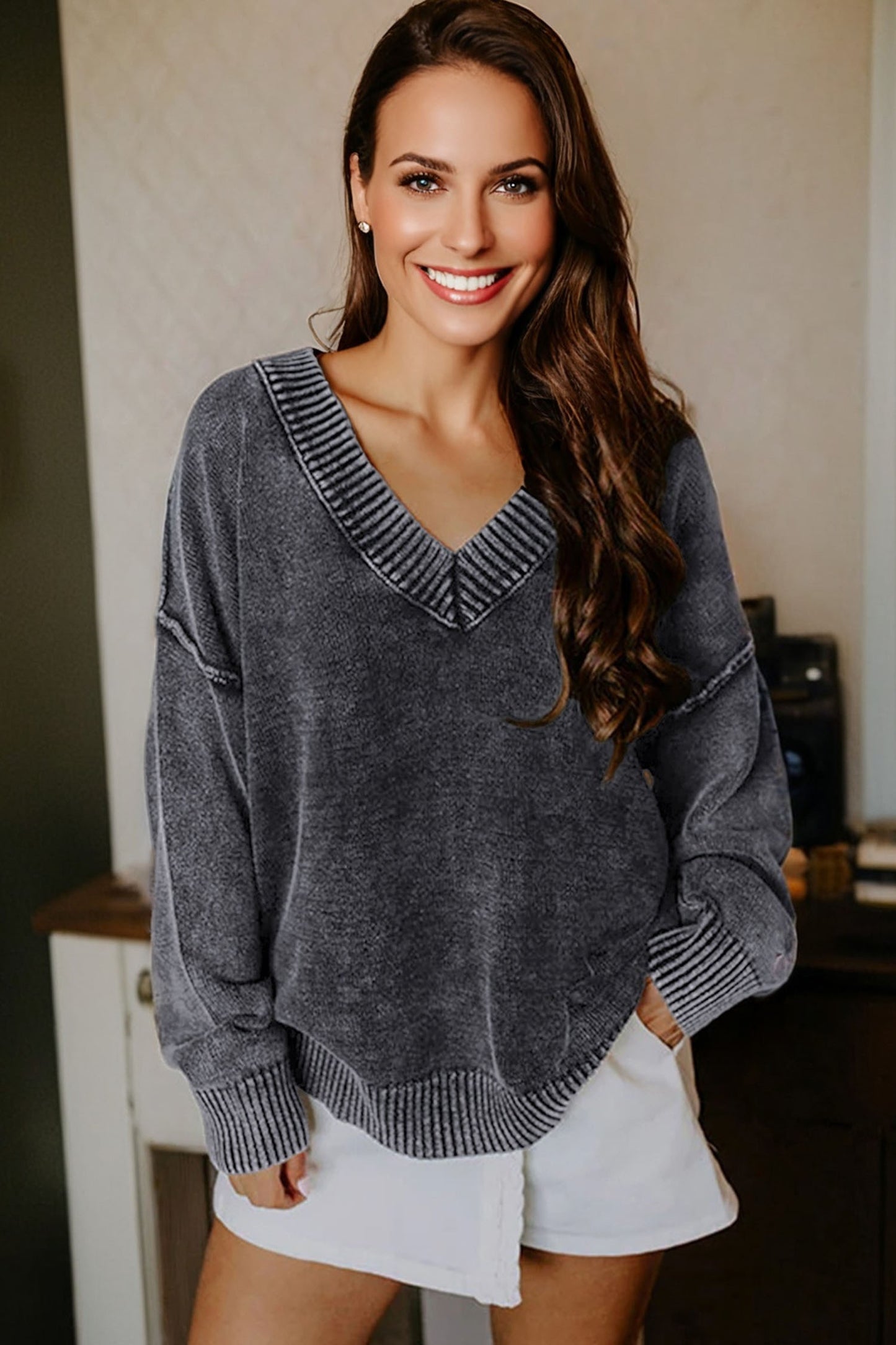 Mineral Wash Reverse Seam V-Neck Drop Shoulder Sweater
