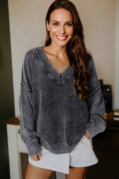 Mineral Wash Reverse Seam V-Neck Drop Shoulder Sweater