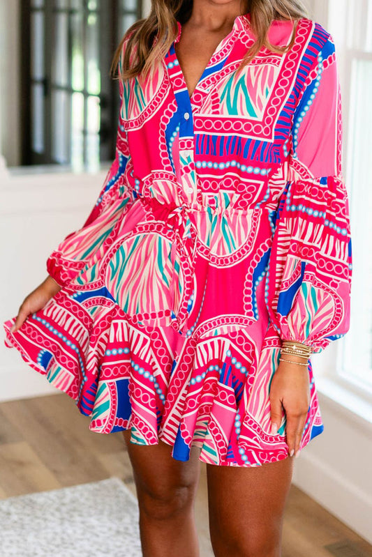 Boho Abstract Puff Sleeve Mini Dress