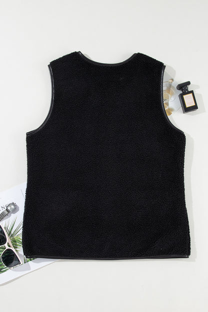 Fleece Leather Contrast Buttoned Vest