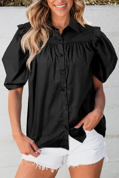 Ruffle Puff Sleeve Buttoned Shirt