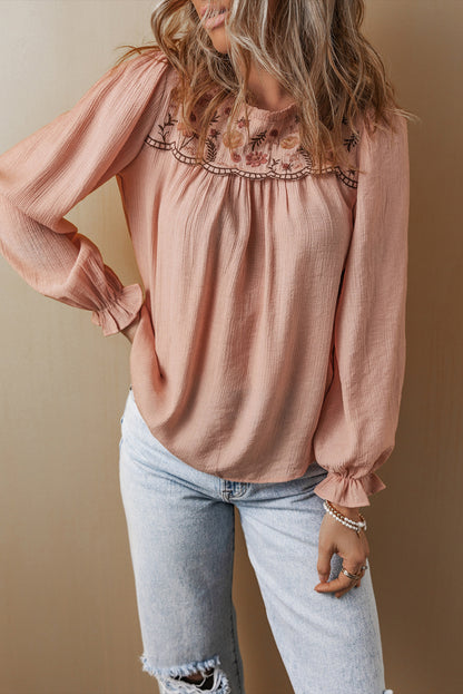 Floral Embroidered Flounce Sleeve Blouse