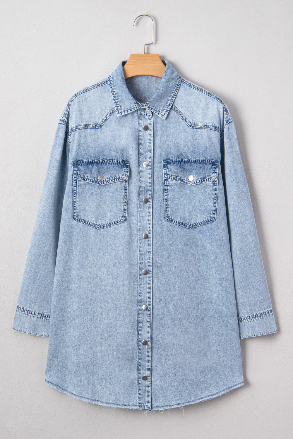Solid Denim Chest Pocket Raw Hem Shirt Dress
