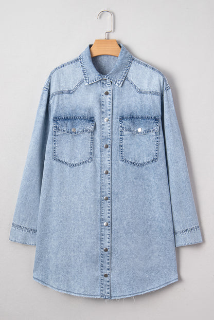 Solid Denim Chest Pocket Raw Hem Shirt Dress