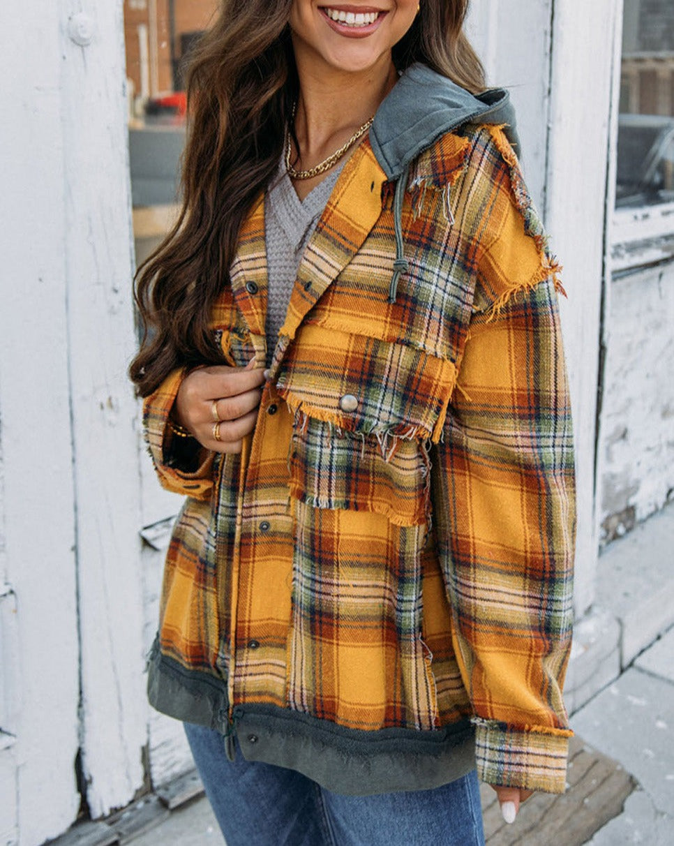 Plaid Hooded Snap Button Jacket