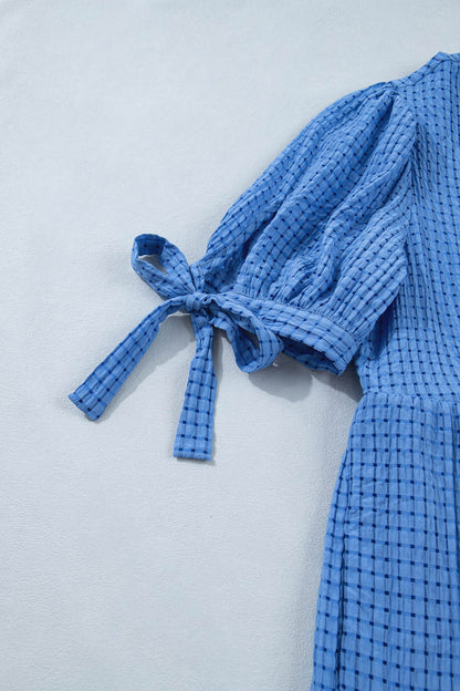 Gingham Bow Tie Short Sleeve Tiered Midi Dress