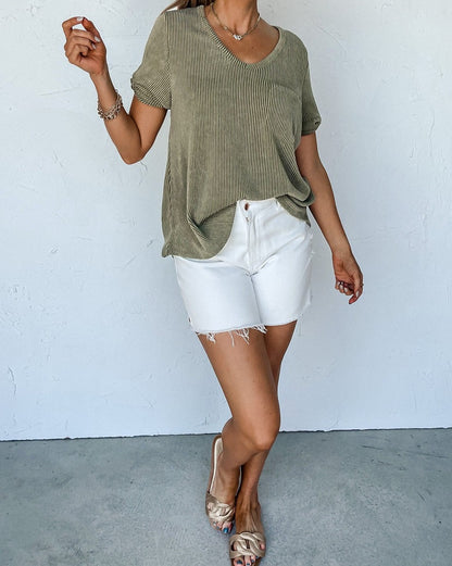 Ribbed Short Sleeve Pocketed Top