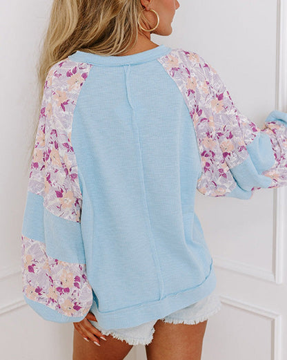 Floral Colorblock Balloon Sleeve Blouse