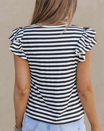 Stripe Ruffle Short Sleeve Tee