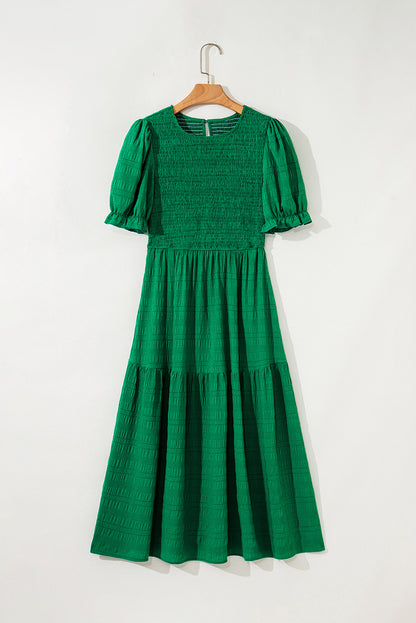 Solid Textured Smocked Puff Short Sleeve Maxi Dress