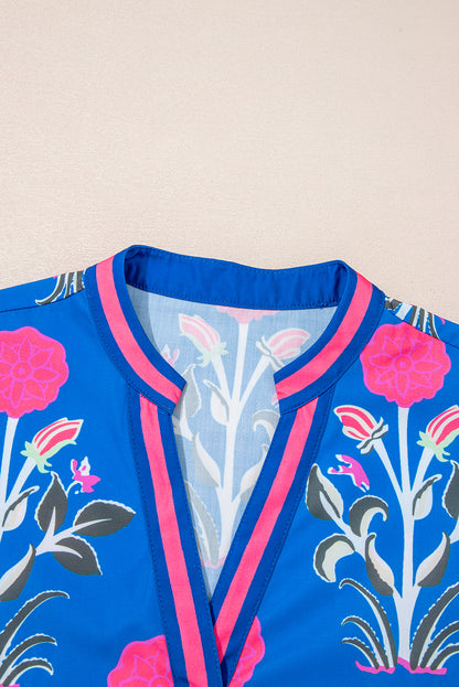 Floral Stripe Trim Notch Neck Long Sleeve Blouse