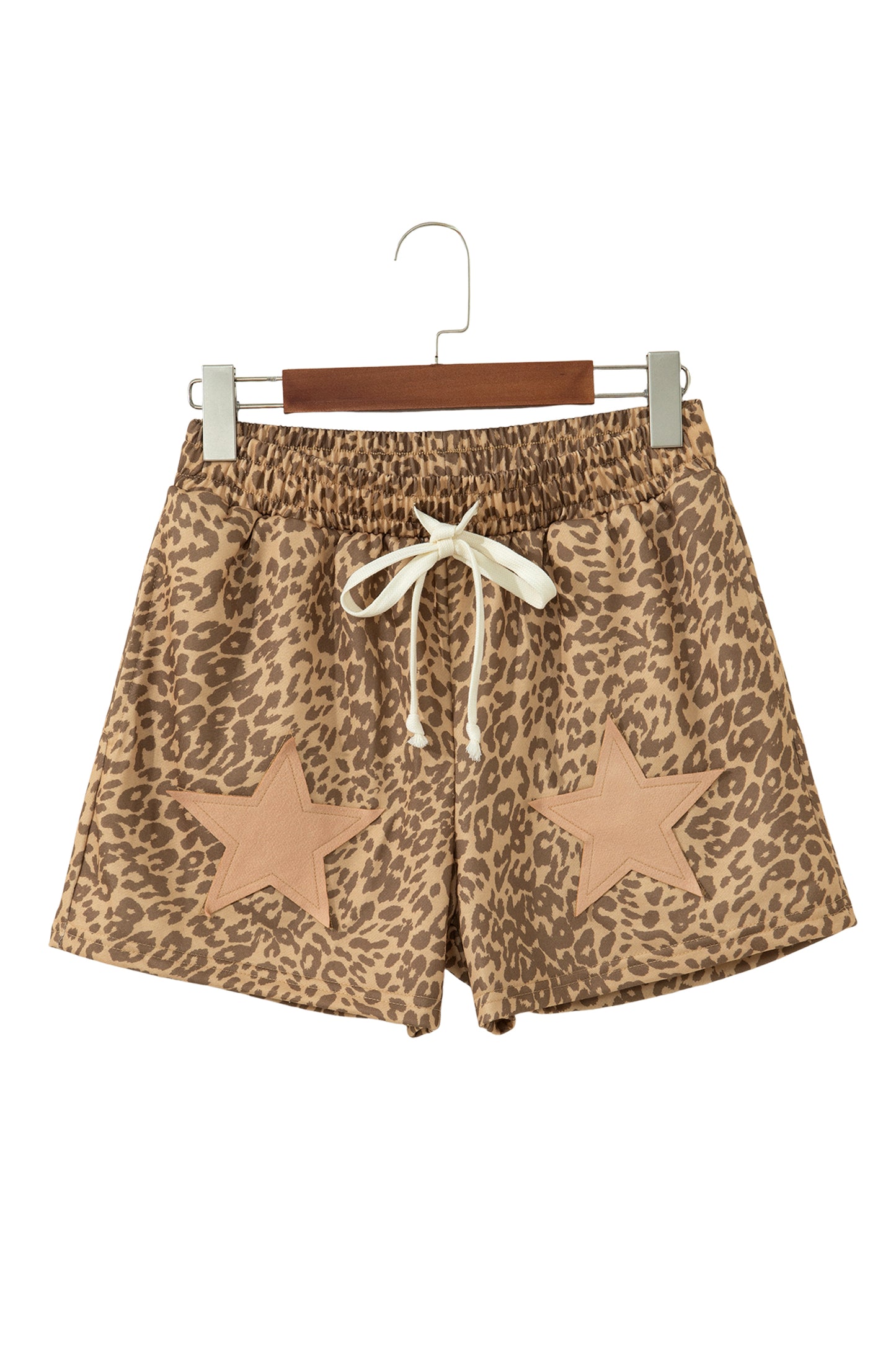 Leopard Star Patch Drawstring Elastic Waist Shorts