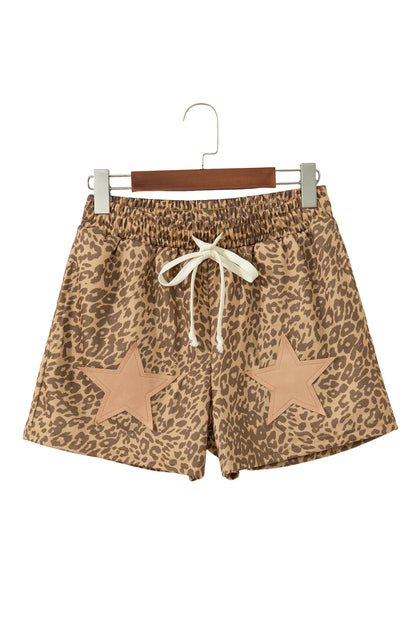 Leopard Star Patch Drawstring Elastic Waist Shorts