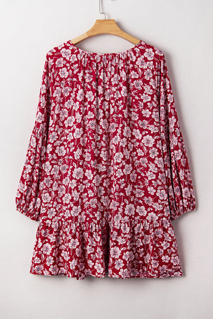 Plus Size Floral Balloon Sleeve V-Neck Mini Dress
