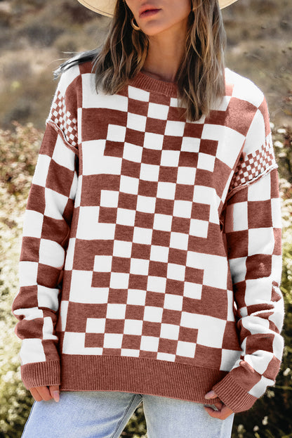 Checker Round Neck Drop Shoulder Sweater