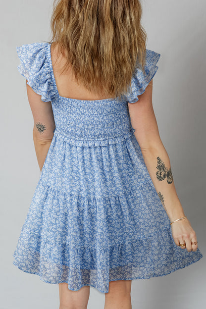 Floral Square Neck Smocked Tiered Mini Dress