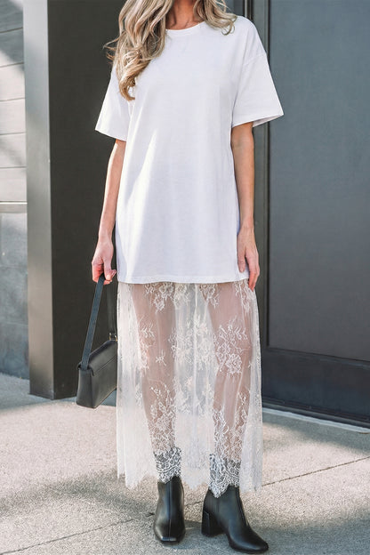 Solid Lace Patchwork Short Sleeve Maxi Dress
