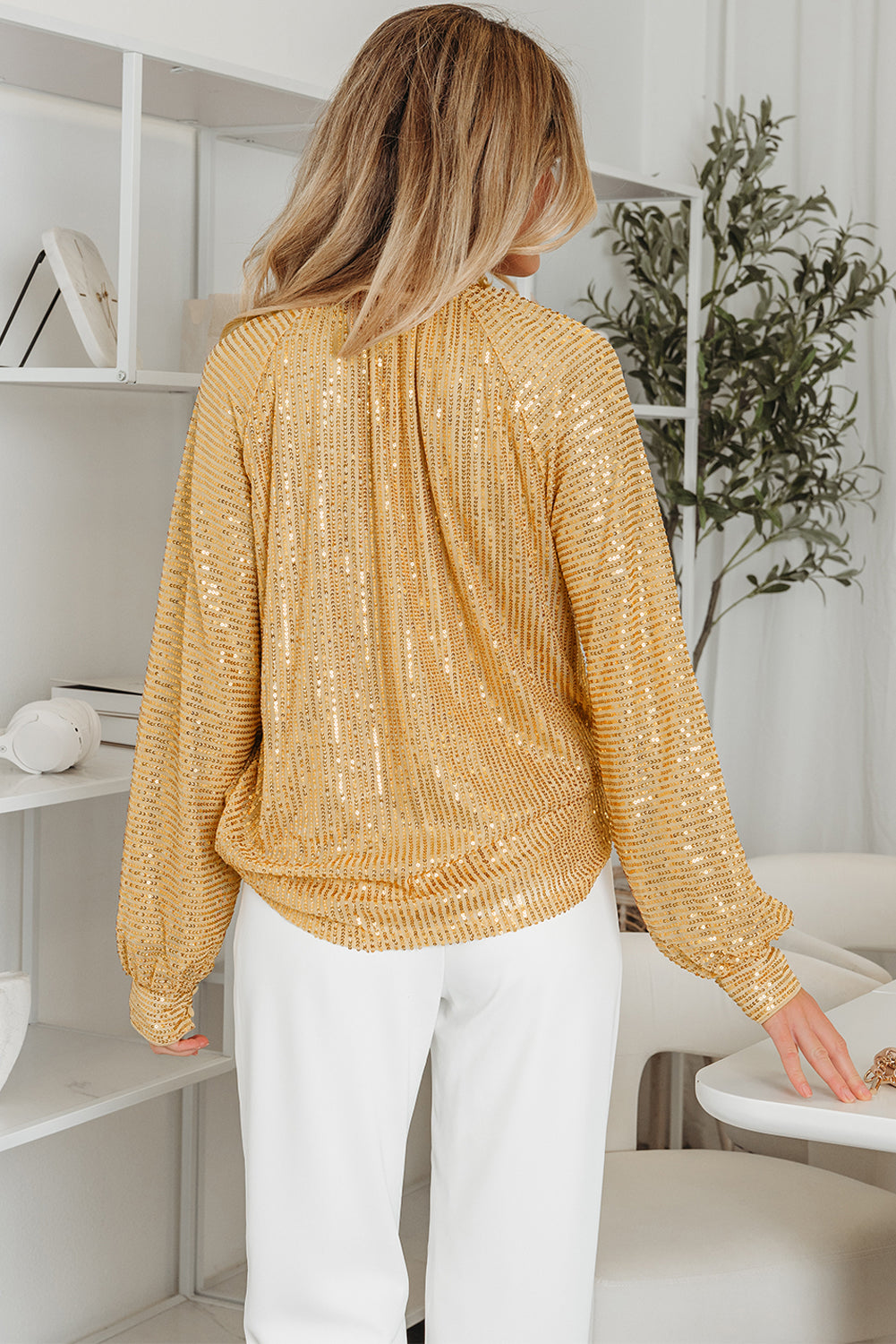 Solid Metallic Sequin Balloon Sleeve Blouse