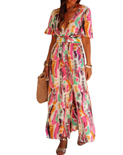 Tie-Dye Short Sleeve Maxi Dress