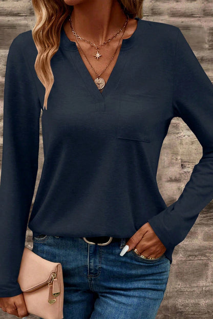 Notched V-Neck Long Sleeve T-Shirt