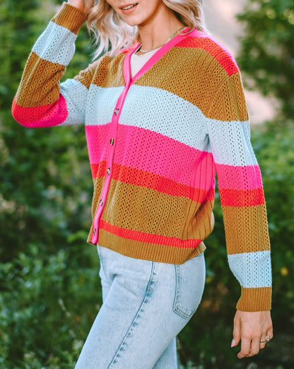 Colorblock Ribbed Button Front Sweater