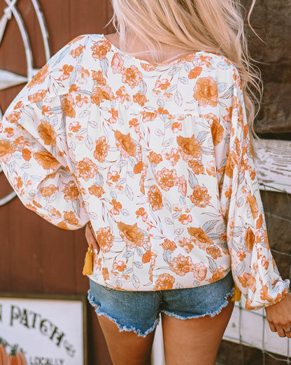 Floral Tassel Tie V-Neck Blouse