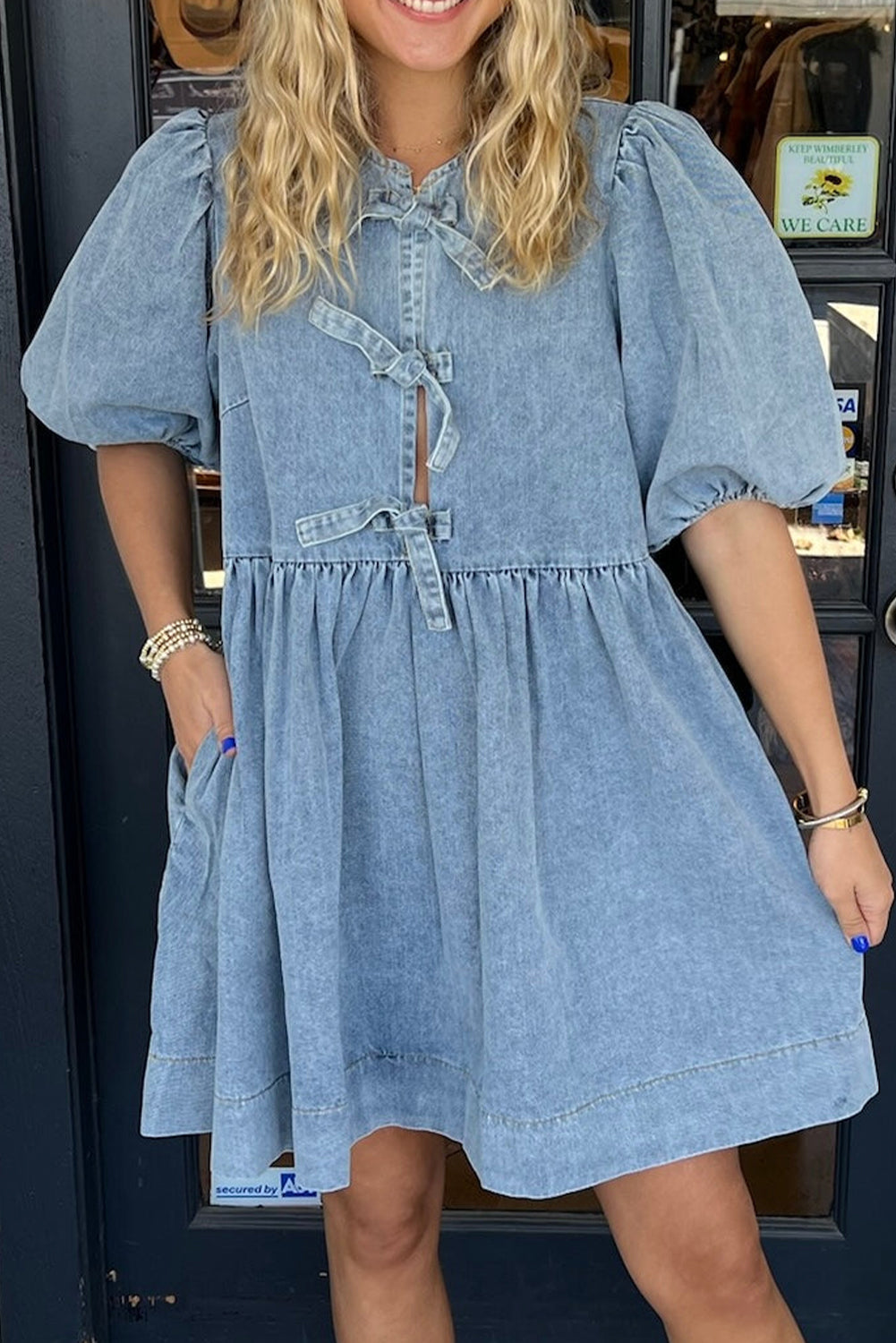 Denim Bow Bubble Sleeve Dress