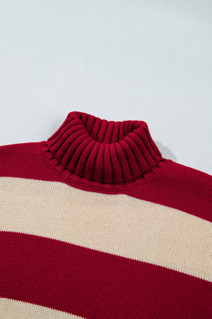 Stripe Ribbed Trim Turtleneck Drop Shoulder Sweater