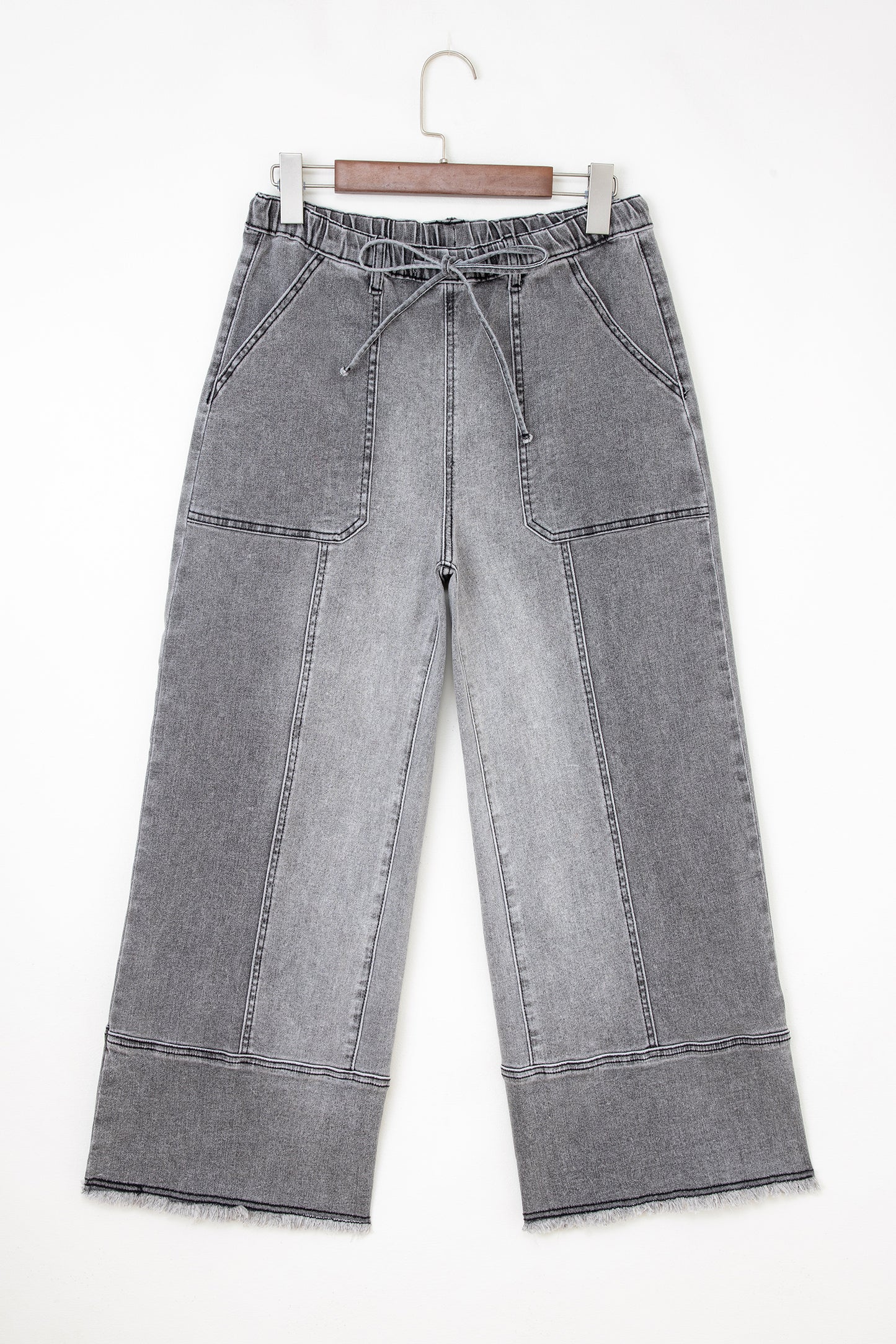 Denim Raw Hem Drawstring Wide Leg Pants