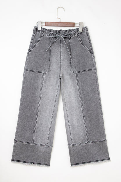 Denim Raw Hem Drawstring Wide Leg Pants