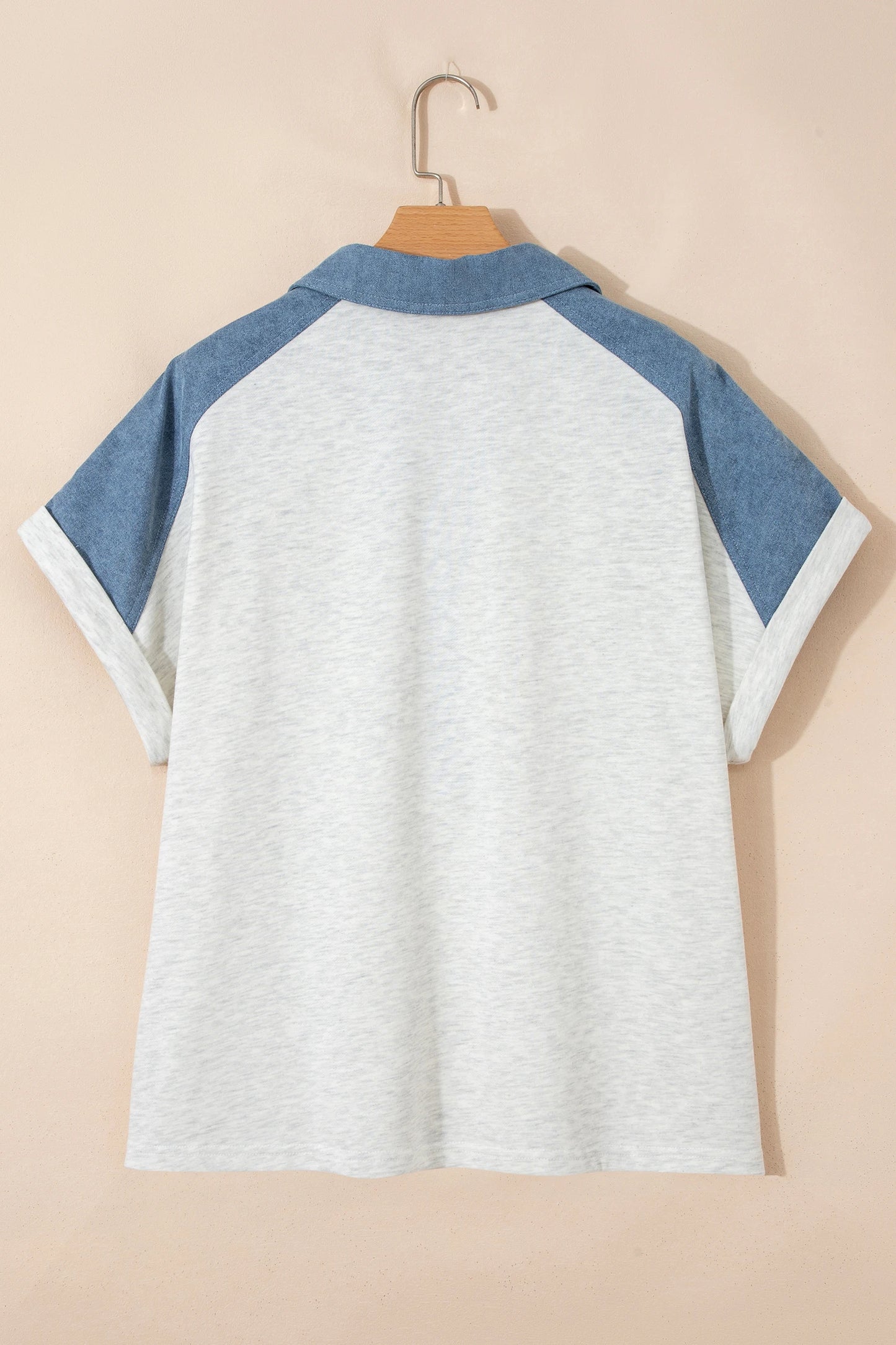 Plus Size Denim Patchwork Cuff Sleeve Polo Tee