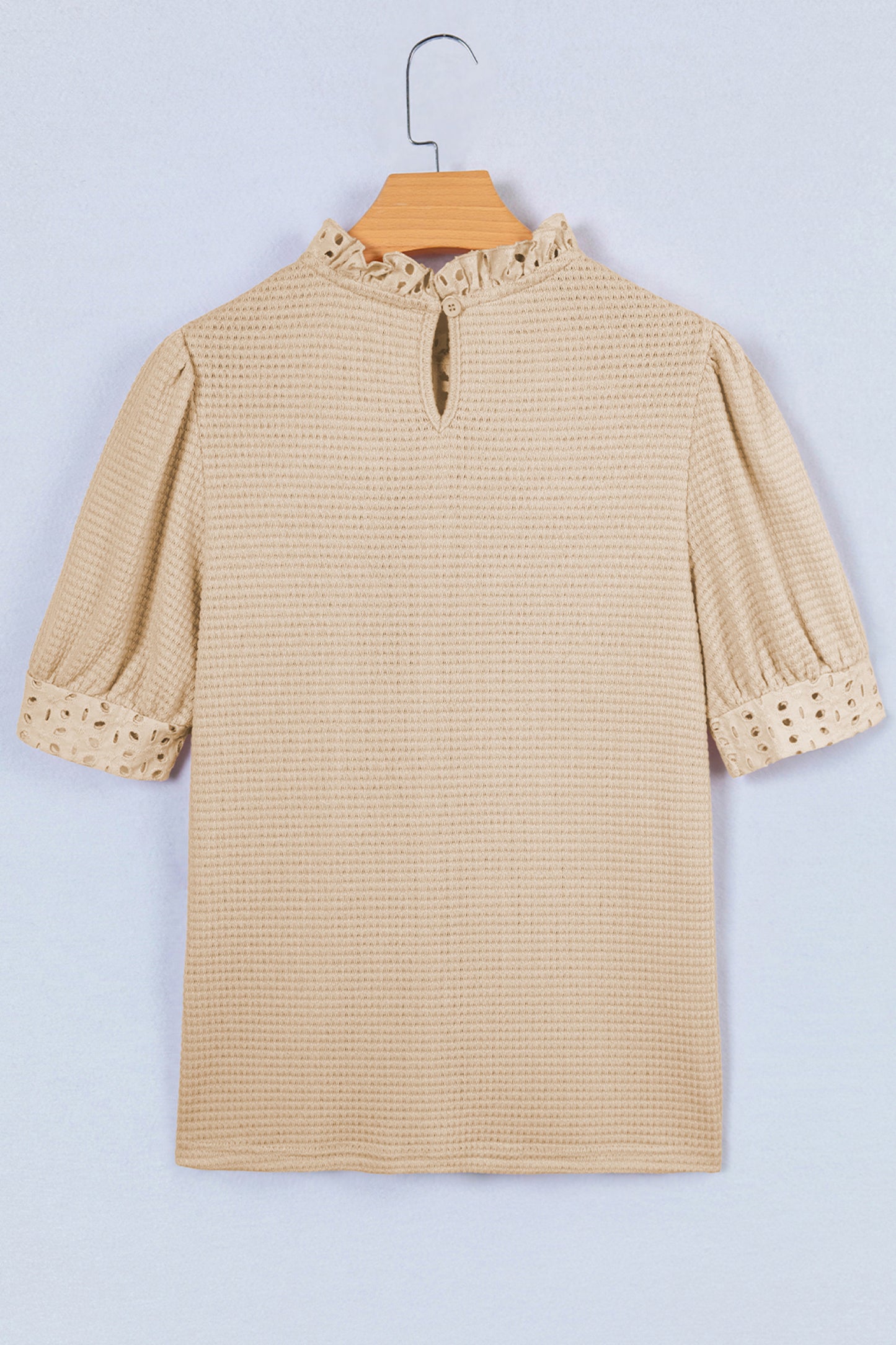 Eyelet Embroidered Patchwork Textured Ruffle Neck Blouse