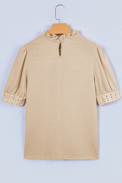 Eyelet Embroidered Patchwork Textured Ruffle Neck Blouse