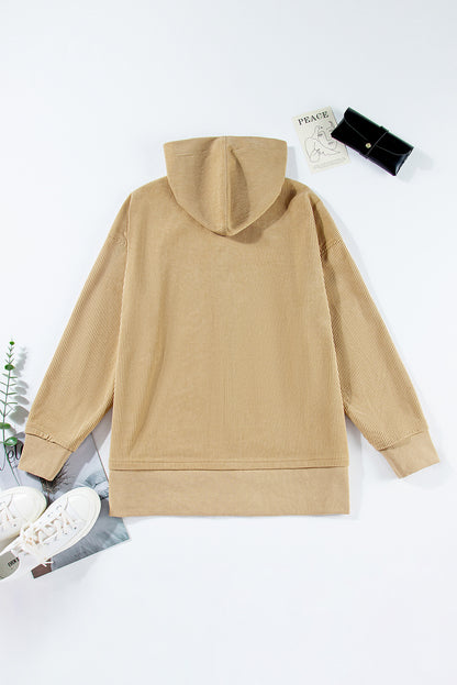 Solid Ribbed Knit Buttoned Hoodie