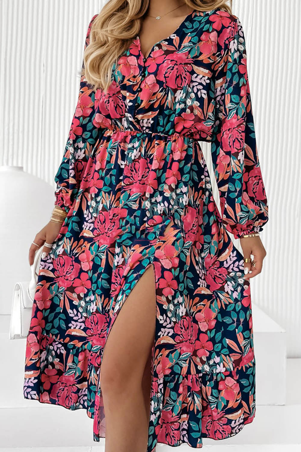 Floral V-Neck Long Sleeve Dress