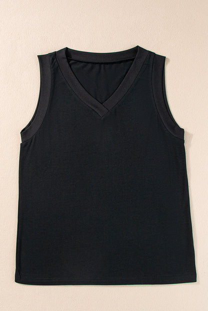 Ribbed Trim V-Neck Tank Top