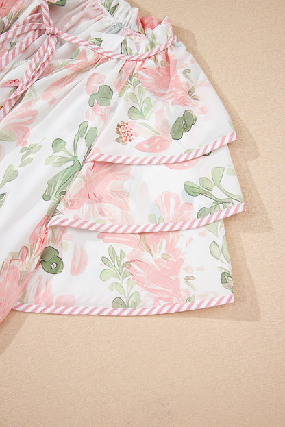 Floral Stripe Tiered Ruffle Sleeve V-Neck Blouse