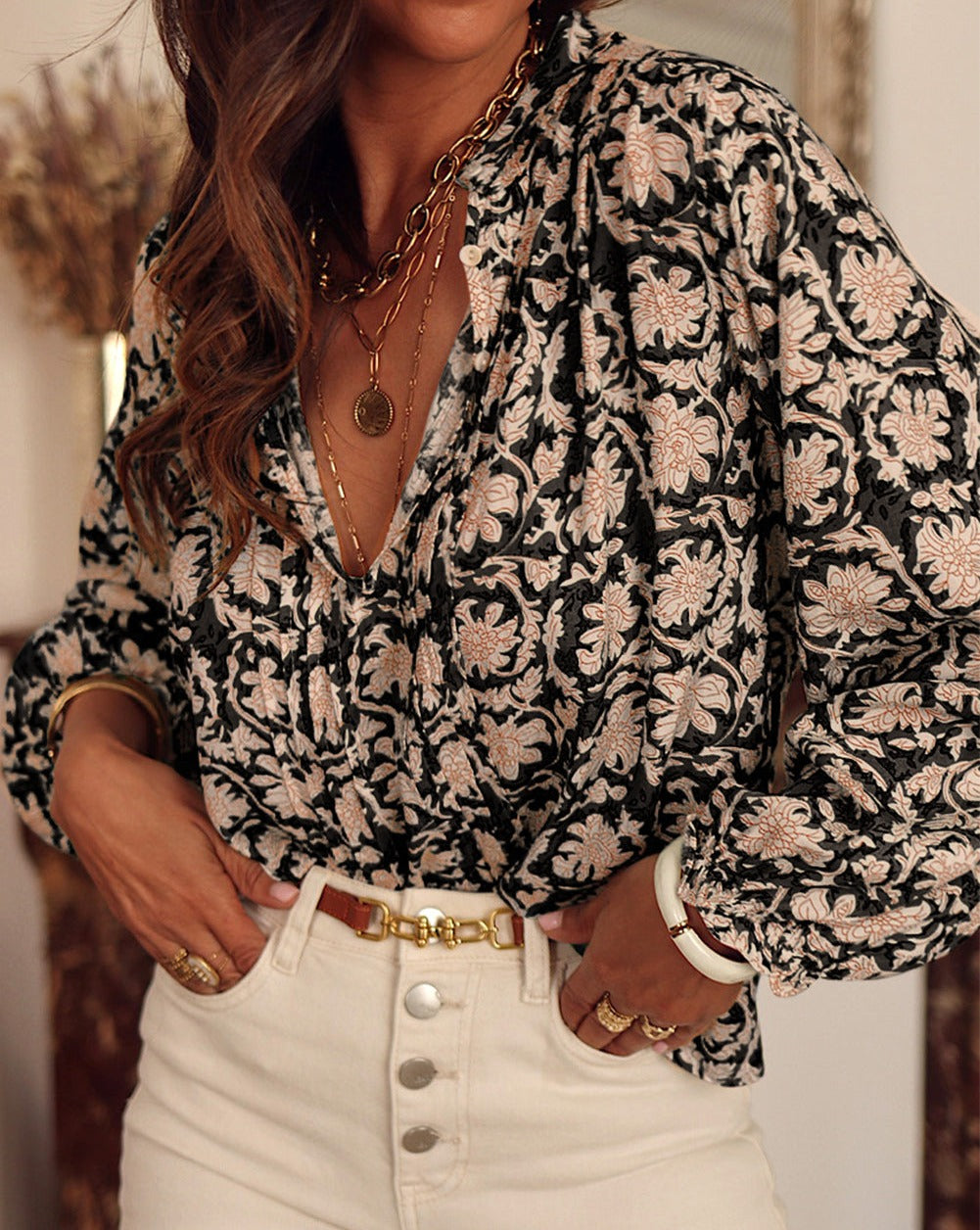 Floral Pleated Puff Sleeve Blouse