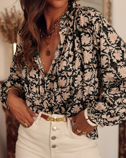 Floral Pleated Puff Sleeve Blouse