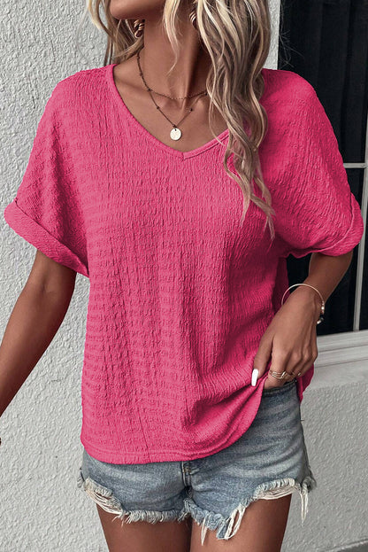 Rolled Short Sleeve V-Neck Blouse