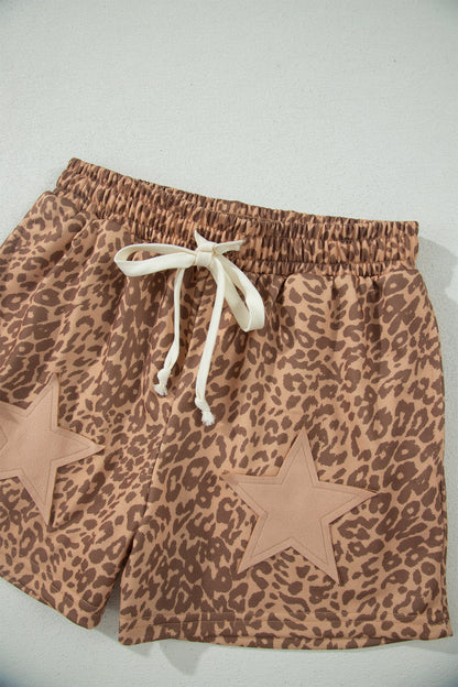 Leopard Star Patch Drawstring Elastic Waist Shorts