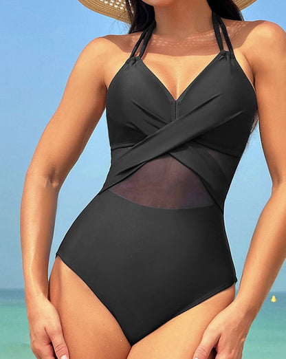 Mesh Insert Halter One-Piece Swimsuit