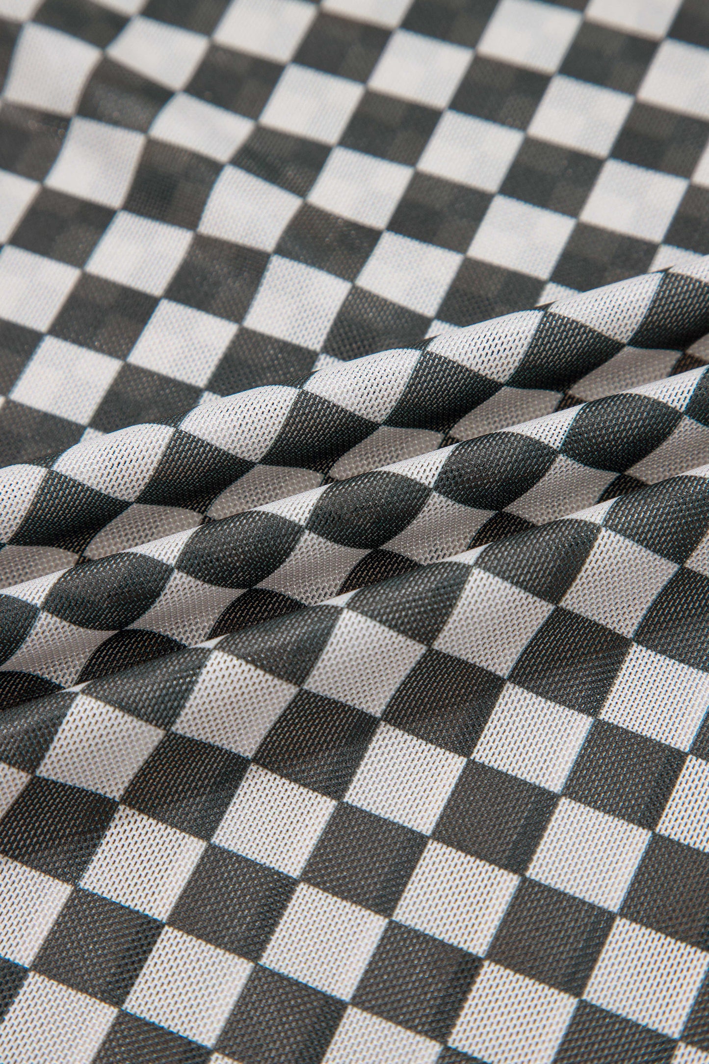 Checker Stand Neck Long Sleeve Mesh Top