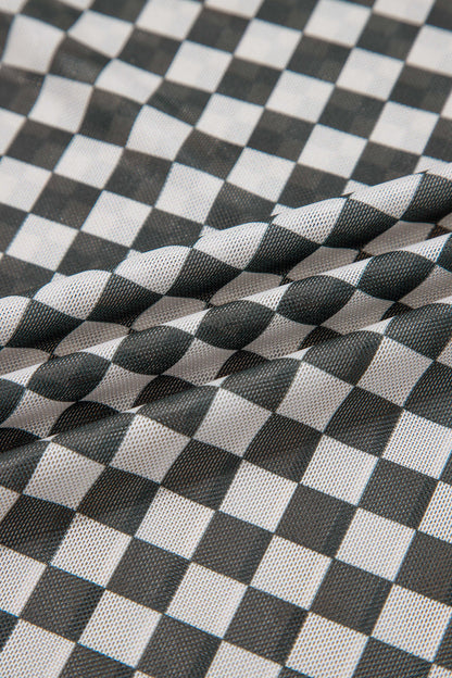 Checker Stand Neck Long Sleeve Mesh Top