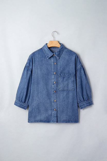 Denim Chest Pocket 3/4 Sleeve Loose Buttoned Shirt